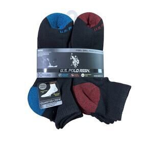 U.S. Polo Assn. Men's Quarter Crew Black Grey Blue Red Socks, 10 Pack, Size 6-12